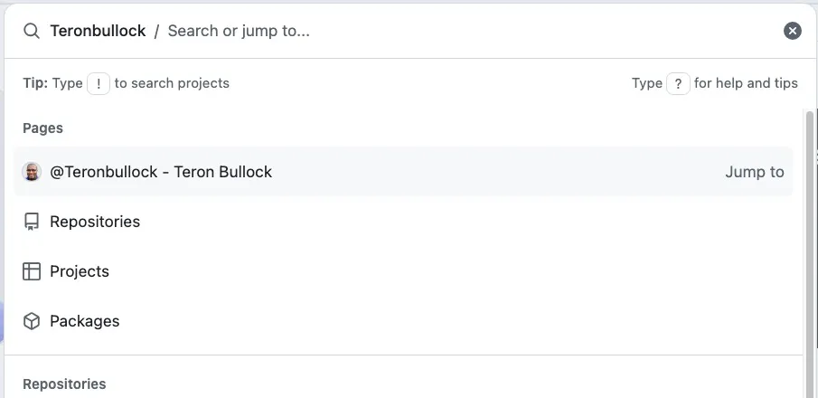 A screenshot of GitHub's Command Palette