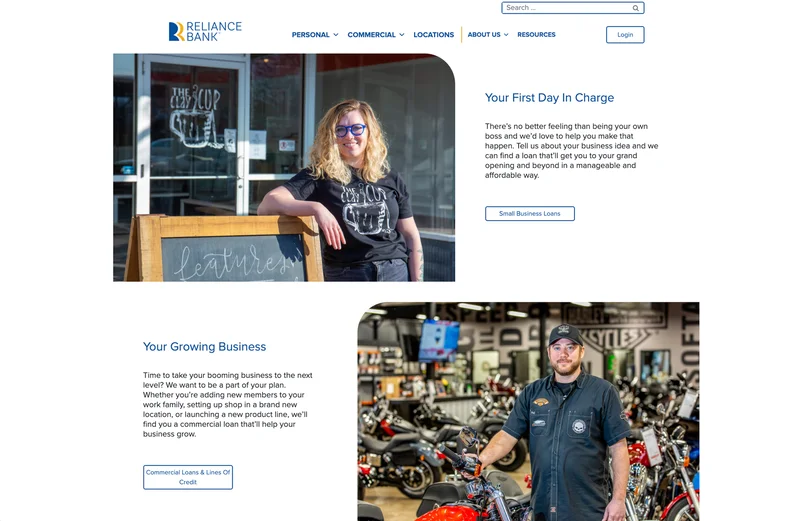 Two images: Top left a woman in front of a coffee shop. Bottom right a man in a bike shop.